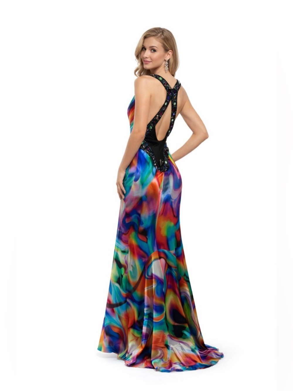 Vintage Caché Multicolor Rhinestone Embellished Open Back Maxi Dress Size